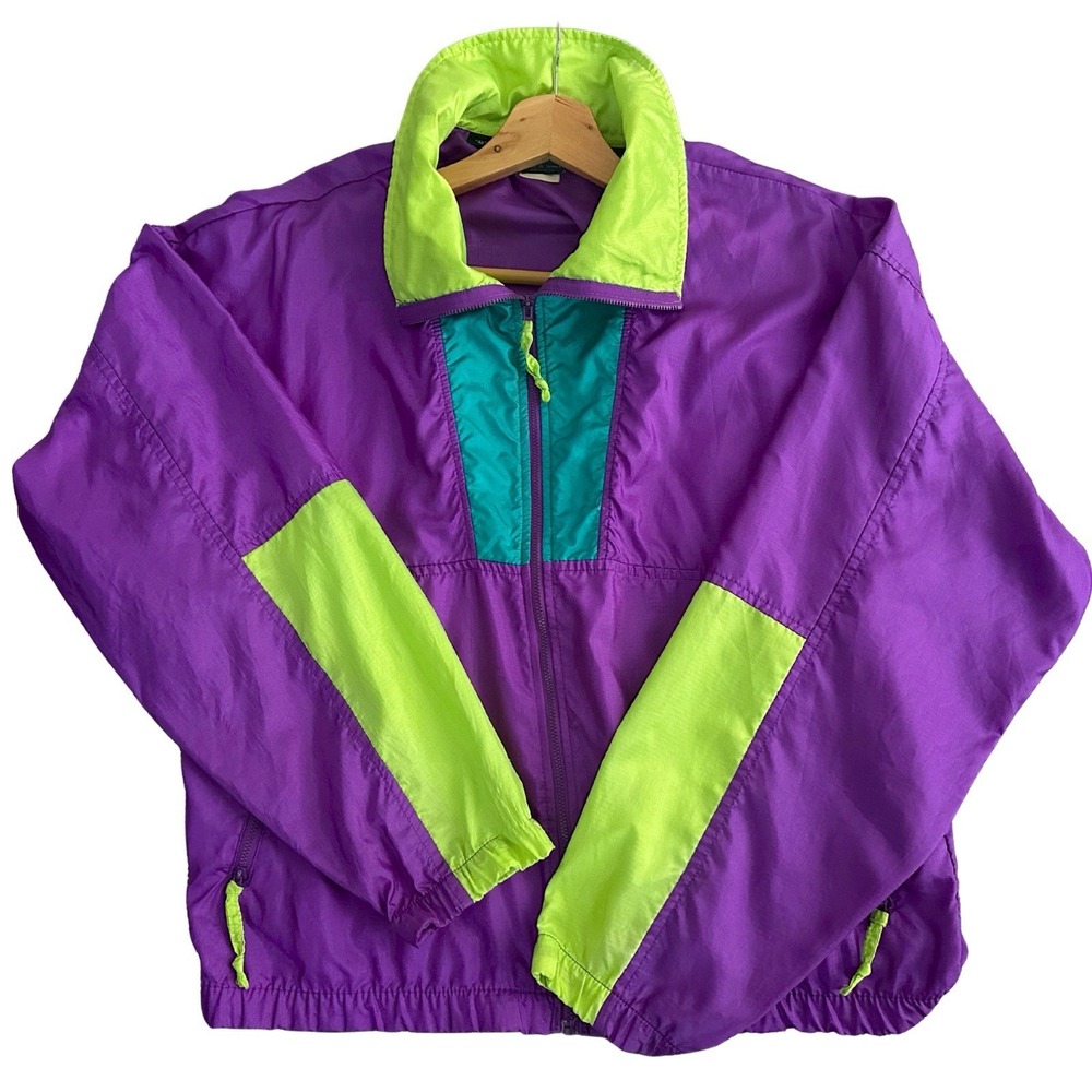 Vintage 90s Columbia Colorblock Windbreaker Mens M Purple Neon Green Teal Nylon